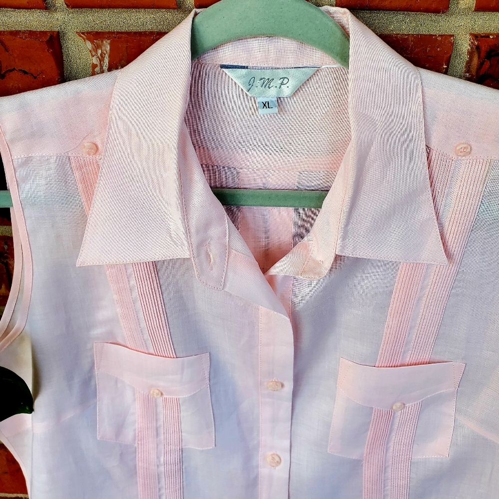 JMP Pale Pink Havana Style 4 Pocket Pintuck Sleeveless Linen Blouse Size XL - Picture 6 of 7
